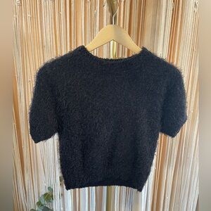 Iris black Fuzzy cropped shirt sz small eyelash knit/fluffy sweater short sleeve